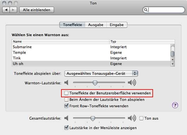 Mac OS X Systemsounds Toneffekte ausstellen